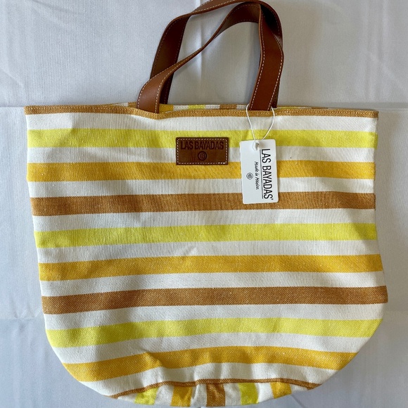 Las Bayadas Yellow & Gold Stripe Recycled Cotton Beach Tote Bag - Picture 1 of 5